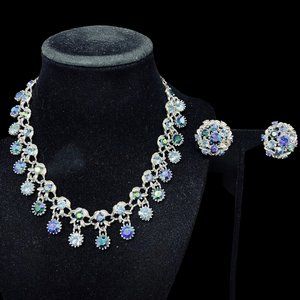 Paluka Silver Tone And AB Rhinestone Necklace & Clip On Earrings Set (4995)
